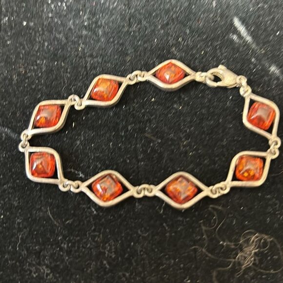 Vintage Amber Silver Bracelet jewel accessory Fossil charm stone diamond design - Picture 4 of 8